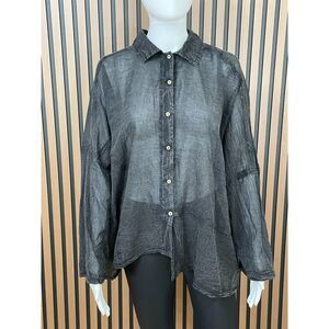 Free People Women's XS Black Shirt Semi-Sheer Button-Up Handkerchief-Hem Boho